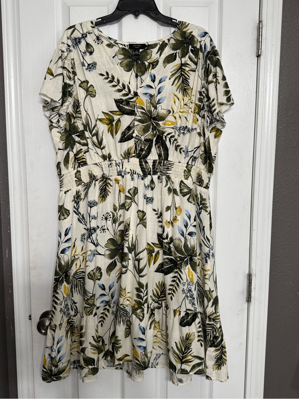 Haver Cream Floral Midi Dress with Olive & Blue Leaves 3X